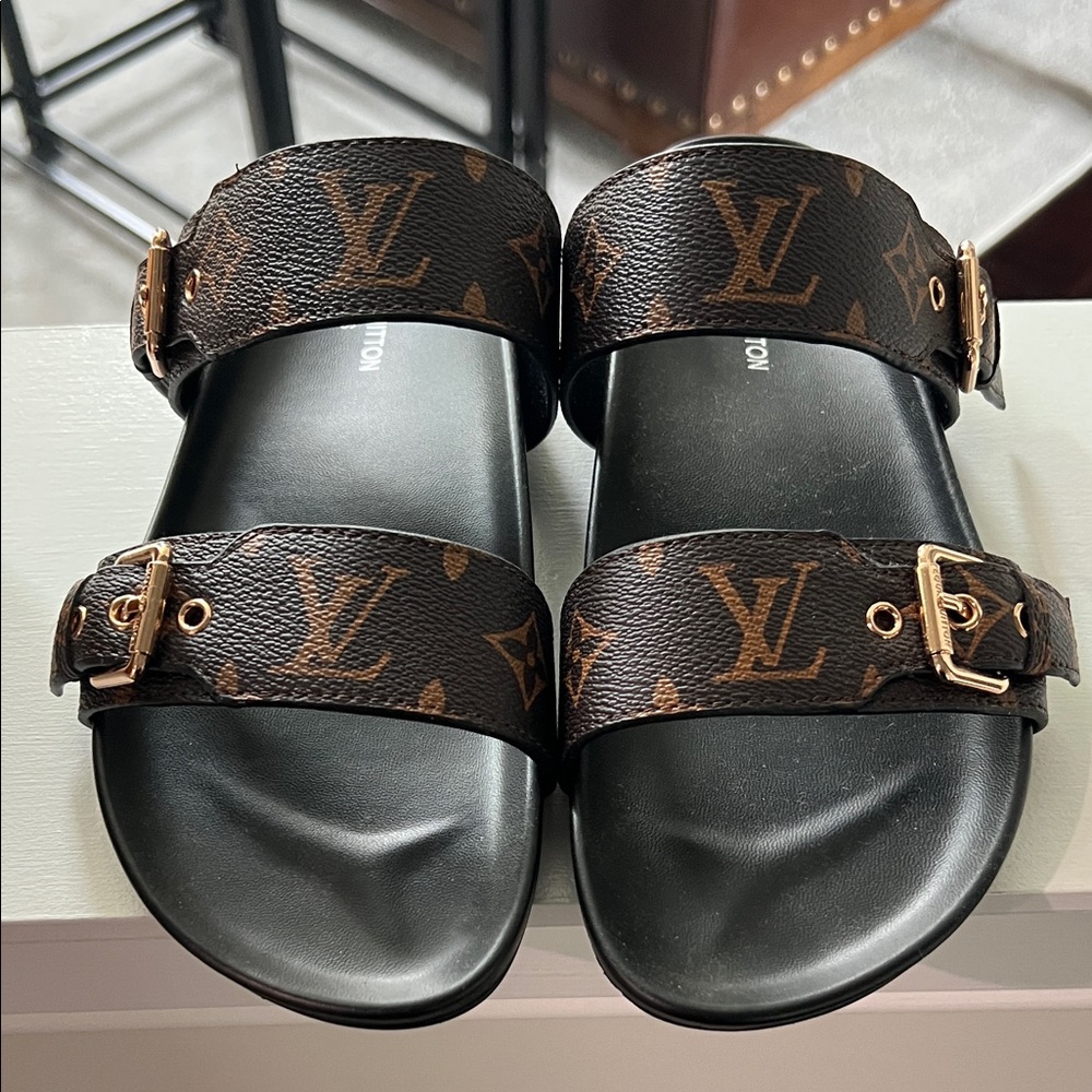 Louis Vuitton Black and Brown Monogram Slides